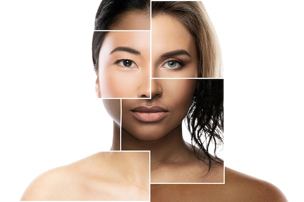 Colagem de beleza criativa - partes do rosto de mulheres de diferentes etnias.