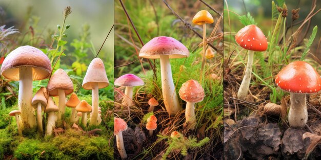 Colagem de cogumelos selvagens comestíveis Vários cogumelos Caça Coleção de fotos Rosa Russula Vesca na grama da floresta Russula Lepida Reunião de fotos Mix Generative AI Ilustração