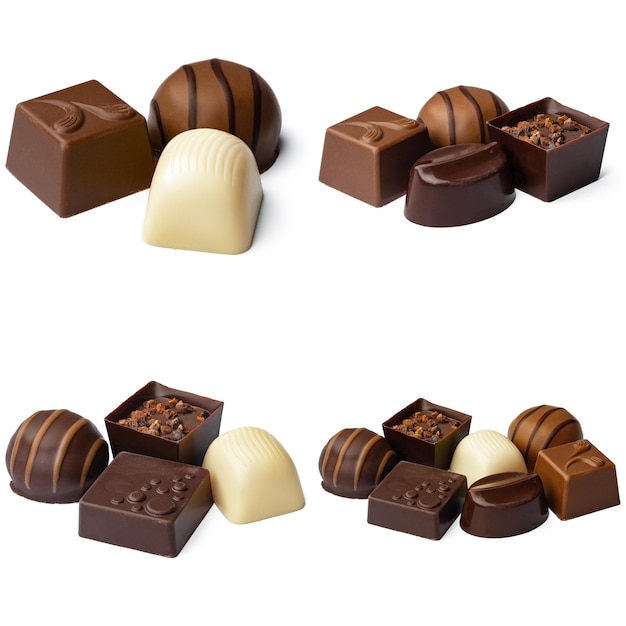 Colagem de coleção de bombons de chocolate isolada em branco