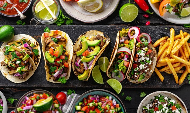 Foto colagem de comida mexicana com tacos carne asada batatas fritas e fajitas de frango em composição plana