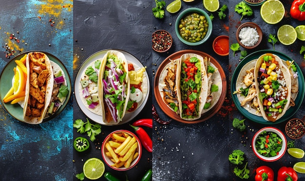 Foto colagem de comida mexicana com tacos carne asada batatas fritas e fajitas de frango em composição plana