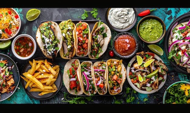 colagem de comida mexicana com tacos carne asada batatas fritas e fajitas de frango em composição plana