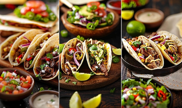 Colagem de comida mexicana com tacos fajitas e burritos