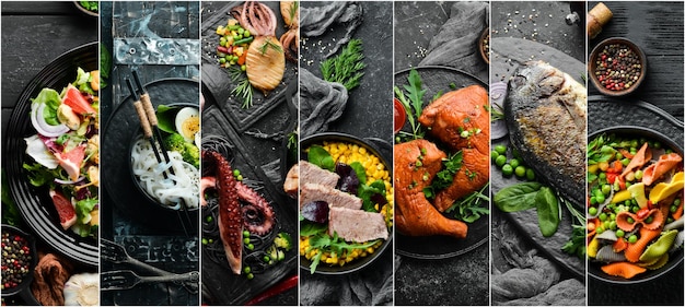 Colagem de comida Pratos de carne e peixe e legumes em fundo de pedra preta