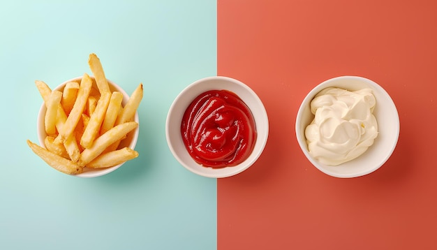 Colagem de deliciosas batatas fritas com ketchup e maionese em fundo colorido vista superior