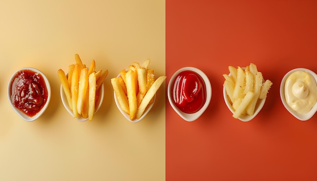 Colagem de deliciosas batatas fritas com ketchup e maionese em fundo colorido vista superior