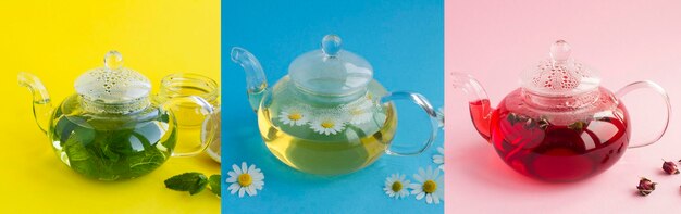 Foto colagem de diferentes chá na chaleira de vidro no fundo colorido closeup