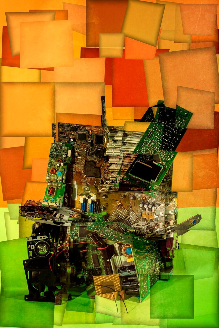 Foto colagem de formas abstratas feitas de placas de circuito de computador, estilização