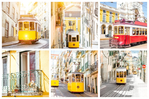 Colagem de fotos com famosos bondes turísticos retrô em lisboa, portugal