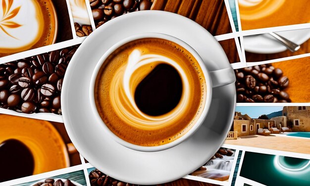 colagem de fotos de café e grãos