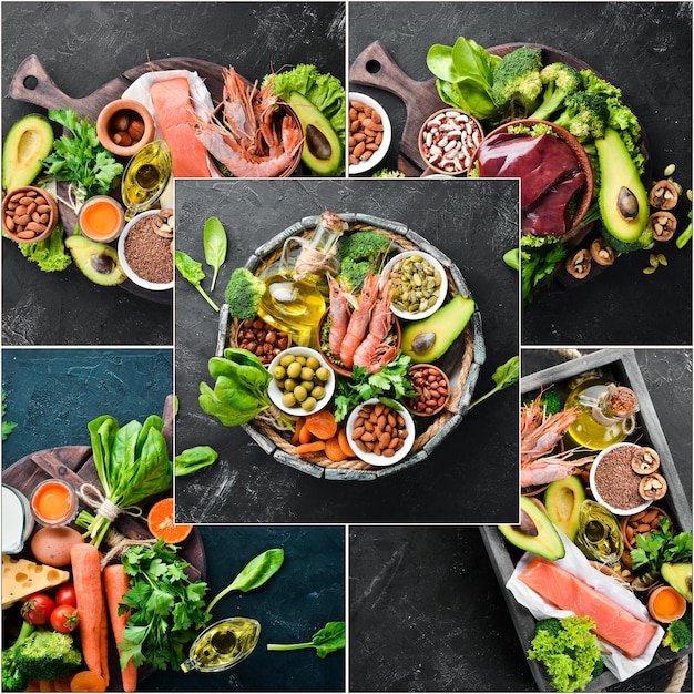 Colagem de fotos O conceito de alimentação saudável Frutas legumes frutos do mar e carne