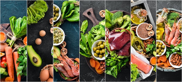 Colagem de fotos O conceito de alimentação saudável Frutas legumes frutos do mar e carne