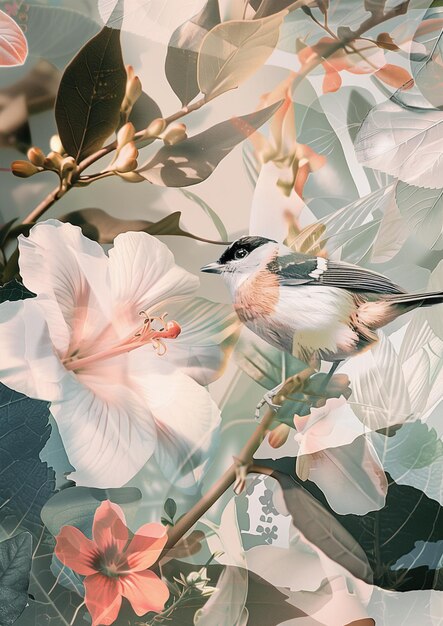 Foto colagem de fotos os tons pastéis são o complemento perfeito para desenhos com folhas de flores de pássaros