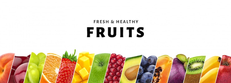 Foto colagem de frutas isolado no fundo branco, com espaço de cópia, frutas frescas e saudáveis e close-up de bagas