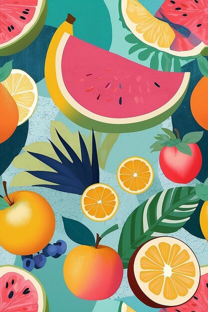 Colagem de frutas pastel Ilustração abstrata com padrões e texturas