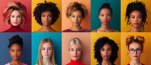 Colagem de headshots de mulheres diversas em fundo plano colorido Concept Diversity Women39s empowerment Headshots Colagem de fundo colorido