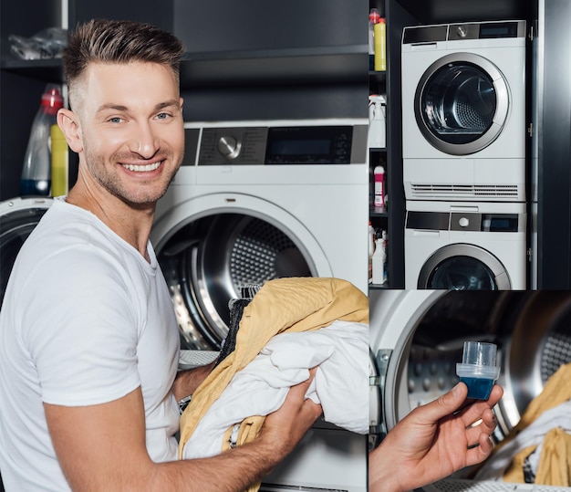 colagem de homem alegre segurando roupas sujas e medindo copo com detergente perto de lavar