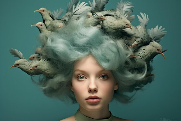 Foto colagem de imagem ai gerada de uma senhora muito bonita, fauna, deusa de proteção animal, tem penteado de pássaros