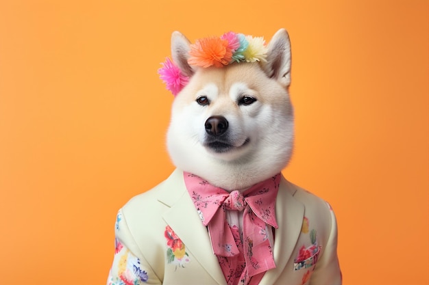 Colagem de imagens de obras de arte criativas geradas por ai de um adorável e adorável cão akita antropomórfico que veste uma jaqueta elegante para ocasiões festivas