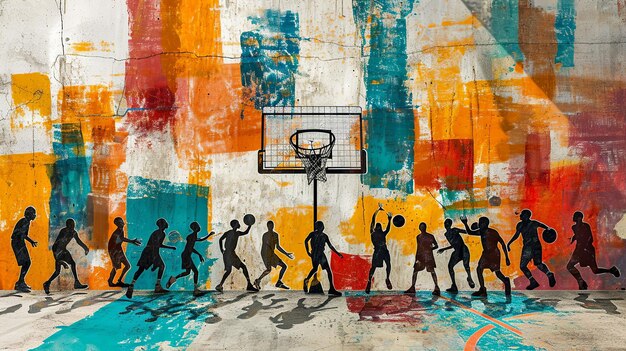 Colagem de jogadores de basquete modernos com aro colorido abstrato