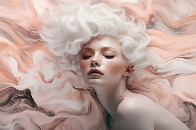 Colagem de modelo ai gerada de linda senhora com cabelo de algodão branco e sedoso aplique loção inovadora condicionador produto de salão de beleza