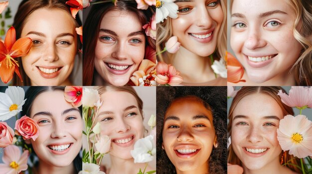 Colagem de mulheres radiantes sorrindo entre flores de primavera