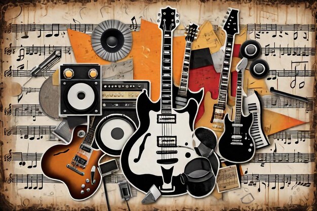 Foto colagem de música rock and roll com instrumentos e notas