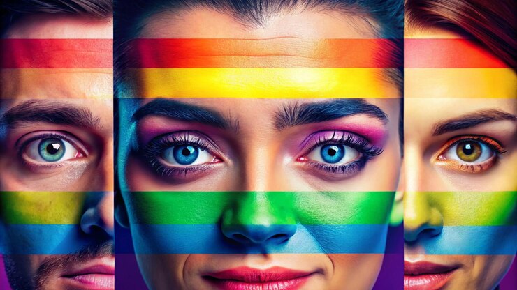Foto colagem de olhos masculinos e femininos de close-up isolados em fundo de néon colorido listras multicoloridas flyer com espaço de cópia para anúncio conceito de união de igualdade de todas as nações