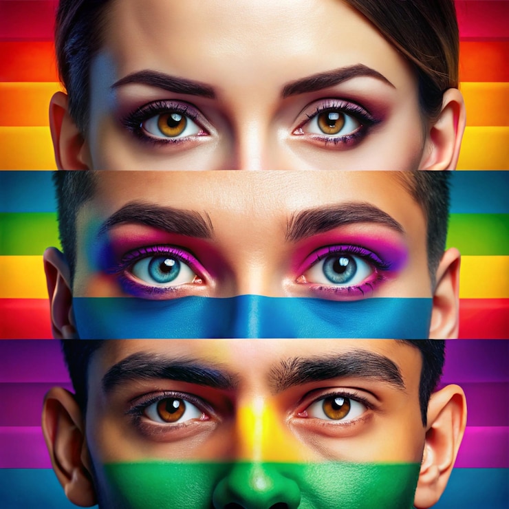 Foto colagem de olhos masculinos e femininos isolados em fundo de néon colorido listras multicoloridas flyer com espaço de cópia para anúncio conceito de igualdade