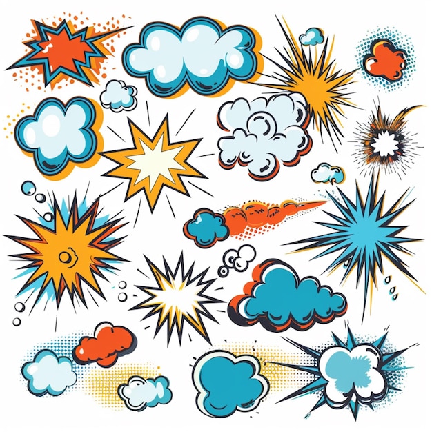 Foto colagem de painéis com vívidas ilustrações em estilo de quadrinhos de nuvens de explosões solares e efeitos explosivos