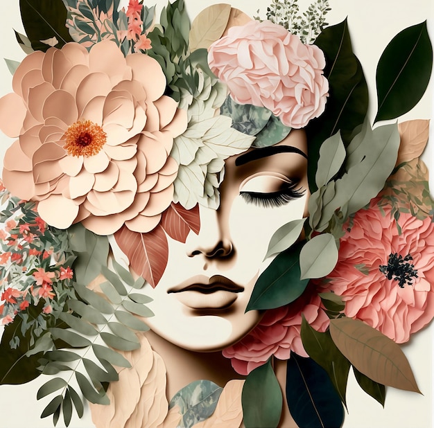 Colagem de papel em cores mudas com belas mulheres e flores