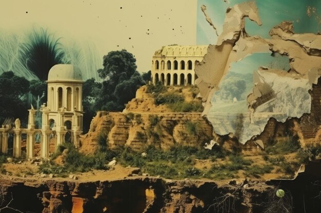 Foto colagem de papel vintage com estilo retrô de impacto emocional de paisagem antiga