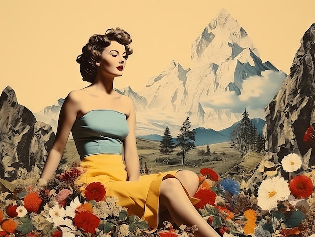 Foto colagem de papel vintage com paisagem e modelo estilo retrô de impacto emocional