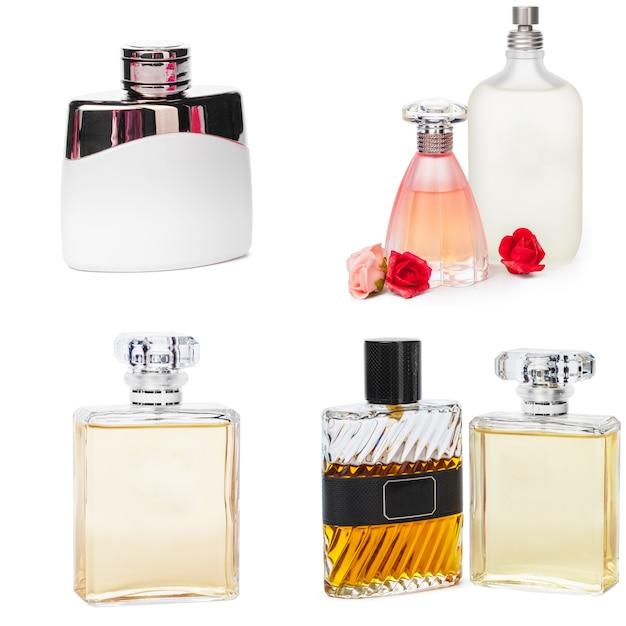 Foto colagem de perfumes de luxo isolado