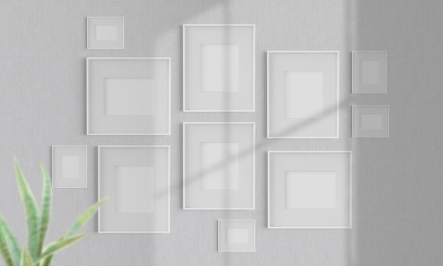 Colagem de quadros em branco em uma maquete de parede renderização em 3d
