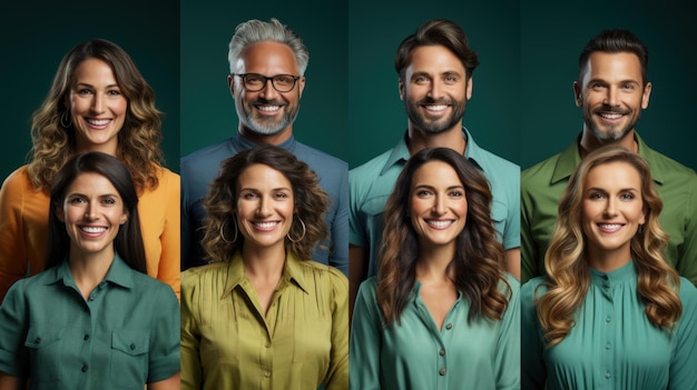 Colagem de retratos de empresários felizes sorrindo e olhando para a câmera sobre fundo verde