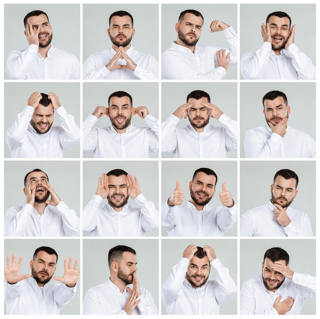 Colagem de retratos de homem com emoções diferentes