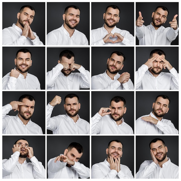 Colagem de retratos de homem com emoções diferentes