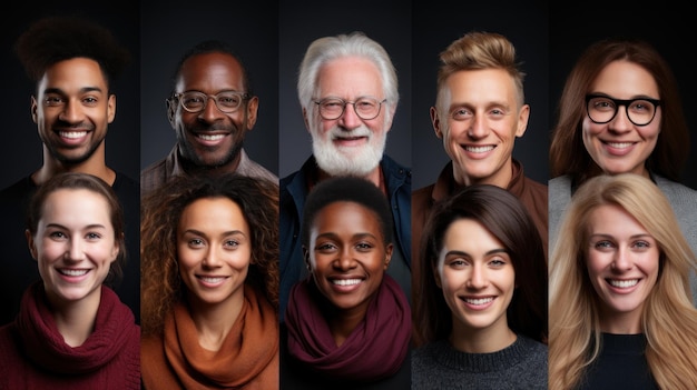 Foto colagem de retratos de um feliz grupo multiétnico de pessoas sobre fundo preto