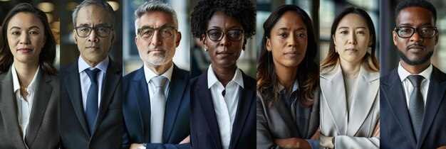 Foto colagem de retratos de um grupo etnicamente diversificado e de idade mista de profissionais de negócios focados