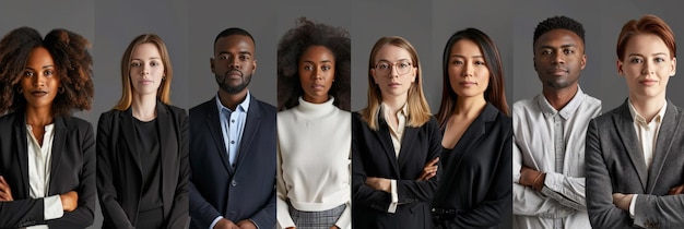 Colagem de retratos de um grupo etnicamente diversificado e de idade mista de profissionais de negócios focados