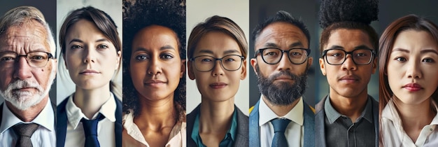 Foto colagem de retratos de um grupo etnicamente diversificado e de idade mista de profissionais de negócios focados