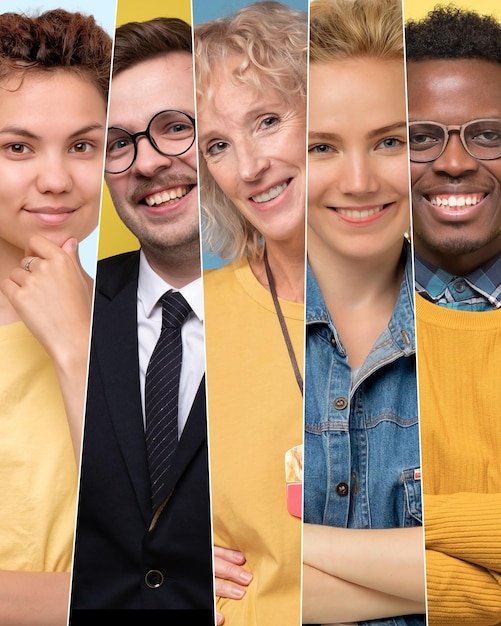 Colagem de retratos sorridentes de faixa etária mista emoção humana facial positiva