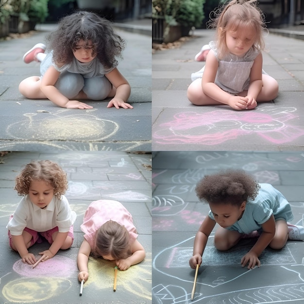 Foto colagem de três meninas desenhando com giz na calçada