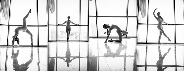 Colagem de uma garota dançando e se esticando perto da janela em um macacão Fotos em preto e branco