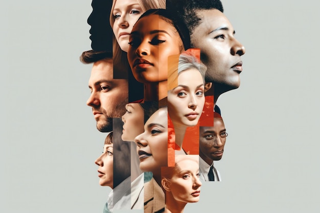 Colagem dramática de rostos diferentes raças e etnias aceitando e abraçando a diversidade