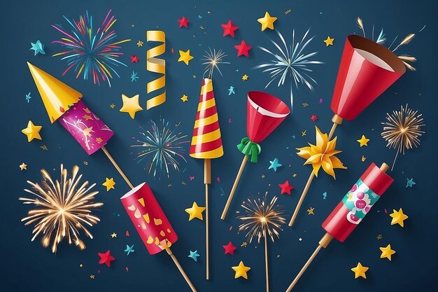 Foto colagem festiva de símbolos de ano novo com poppers e sparklers