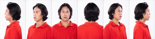 Colagem grupo rosto tiro na cabeça retrato da camisa vermelha do estilo de cabelo preto do homem asiático dos anos 20. cara gira 360 em torno da visão traseira do lado traseiro muitos olhares sobre o fundo branco