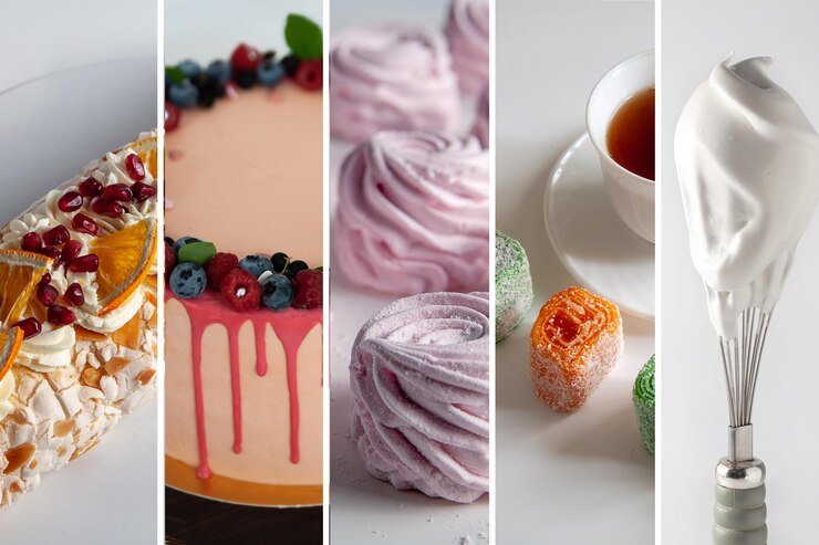 Foto colagem horizontal de bolos. que inclui bolo, marshmallows, doces. em cores claras.