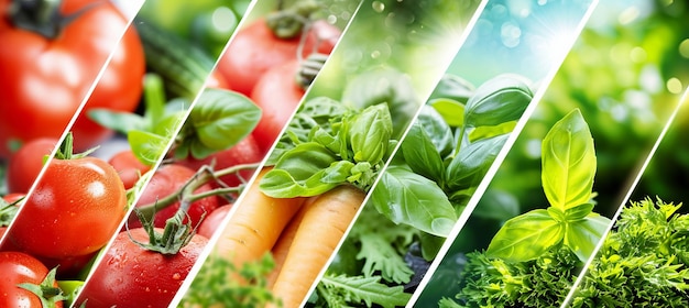 Colagem iluminada de produtos vegetais dividida por linhas verticais brancas em pelo menos 7 segmentos